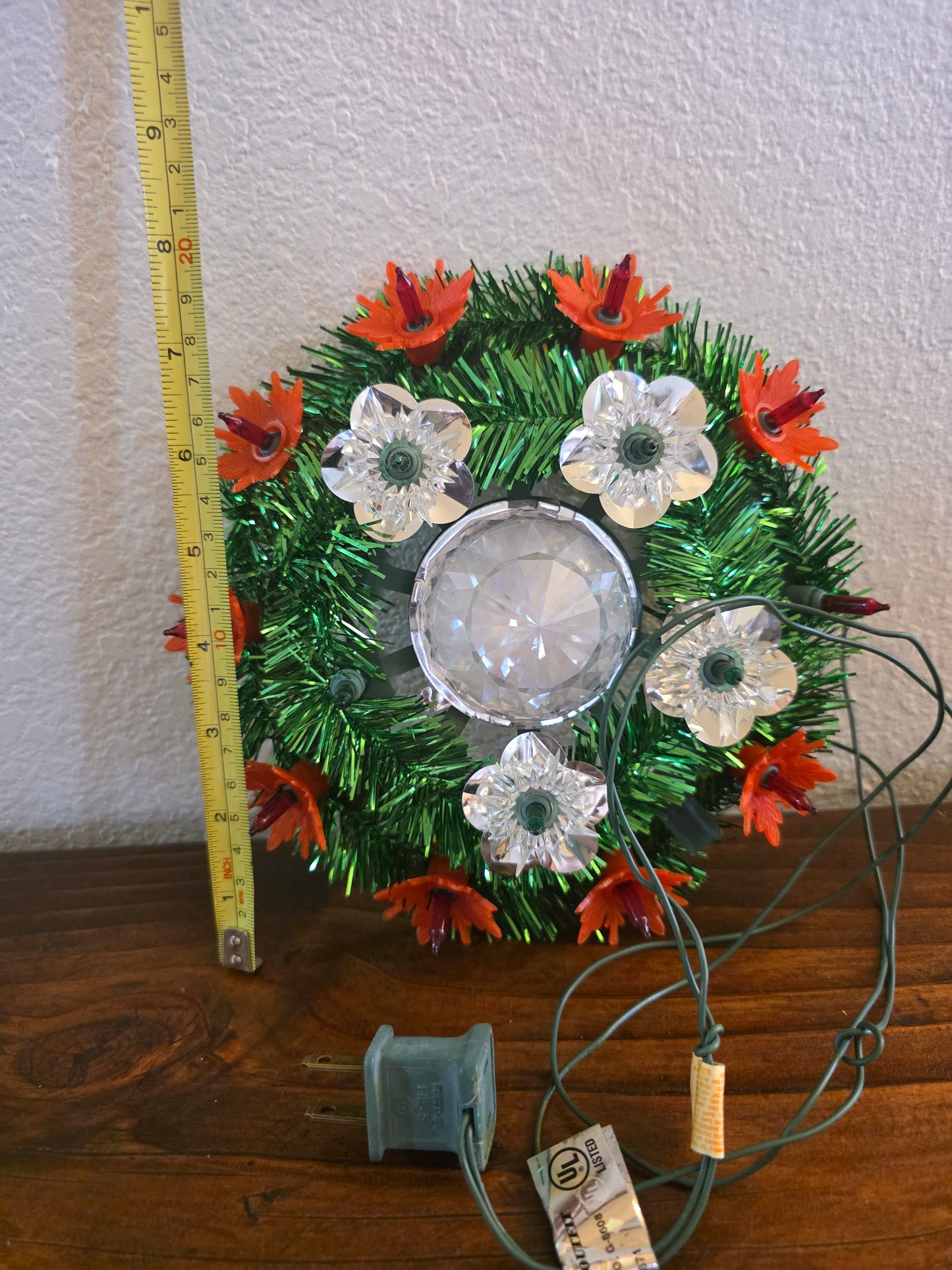 VTG 15 Light Christmas Poinsettia Tree Topper Green & Red