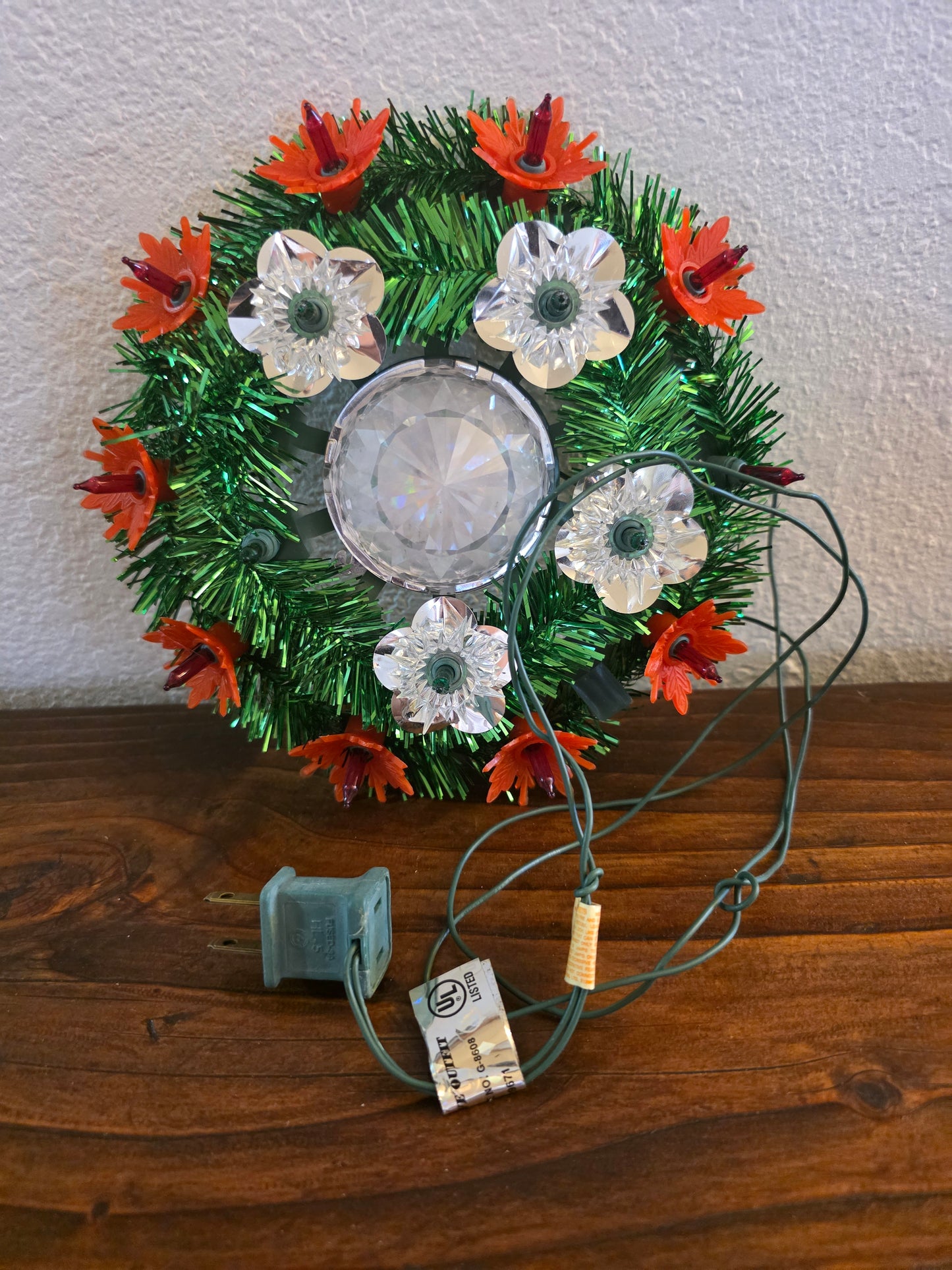 VTG 15 Light Christmas Poinsettia Tree Topper Green & Red