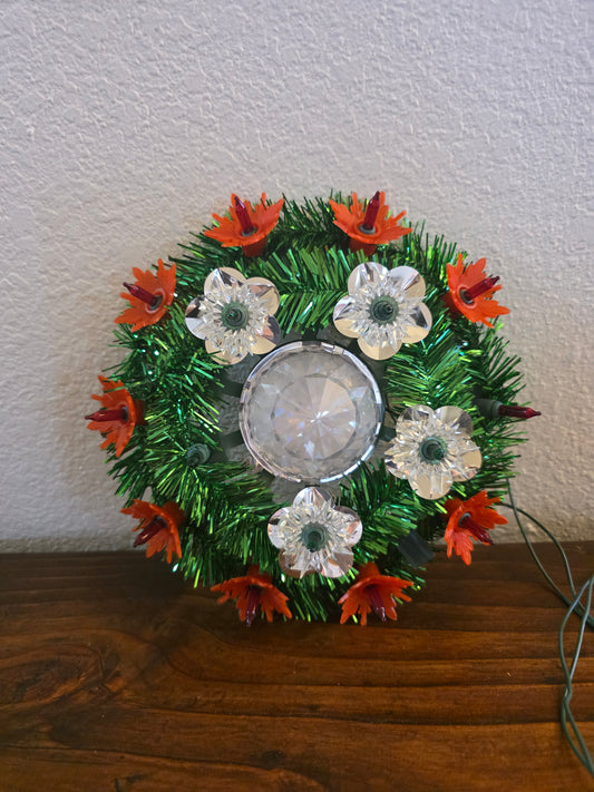 VTG 15 Light Christmas Poinsettia Tree Topper Green & Red