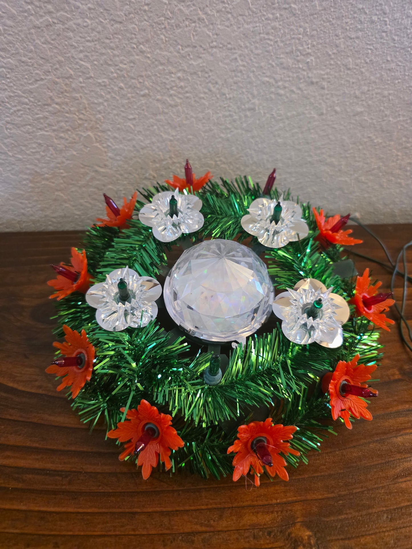 VTG 15 Light Christmas Poinsettia Tree Topper Green & Red