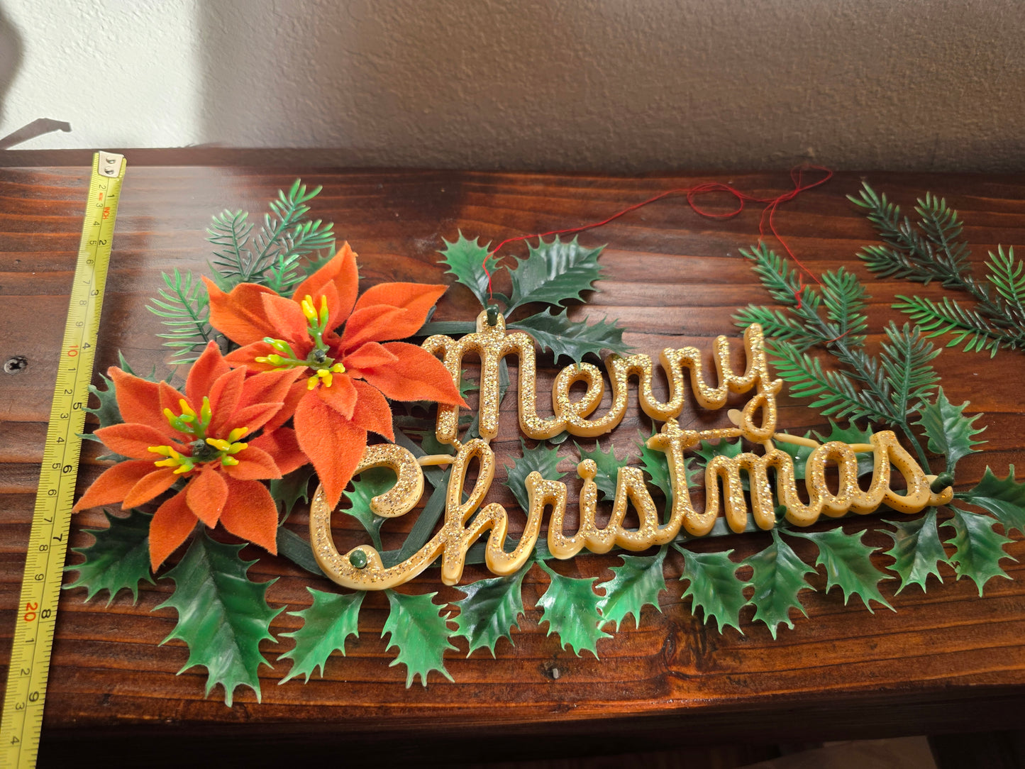 Vintage 1950's Merry Christmas Plastic Wall Hanging Poinsettia